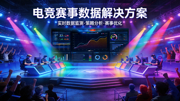 电竞赛事舞台灯光下的比赛现场，电竞赛事数据解决方案配图