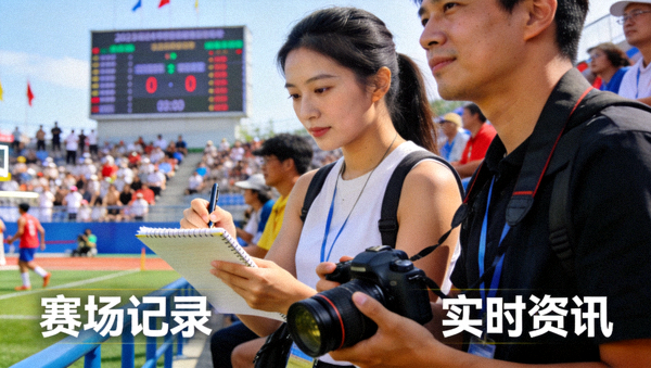 体育新闻工作者在赛场边记录比赛信息，体育资讯内容解决方案配图